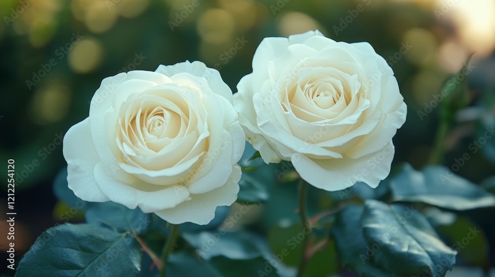 This captivating image displays two radiant white roses set against a lush green backdrop, symbolizing purity and love within the beauty of nature. This captivating image displays two radiant white roses set against a lush green backdrop, symbolizing purity and love within the beauty of nature.