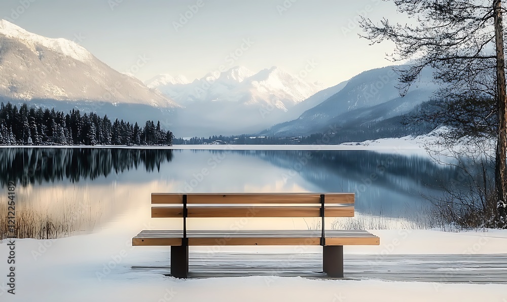 Obraz premium A wooden bench sits on a snowy dock overlooking a calm lake with a mountain range in the background. Swan and water bird on the lake with snowing weather