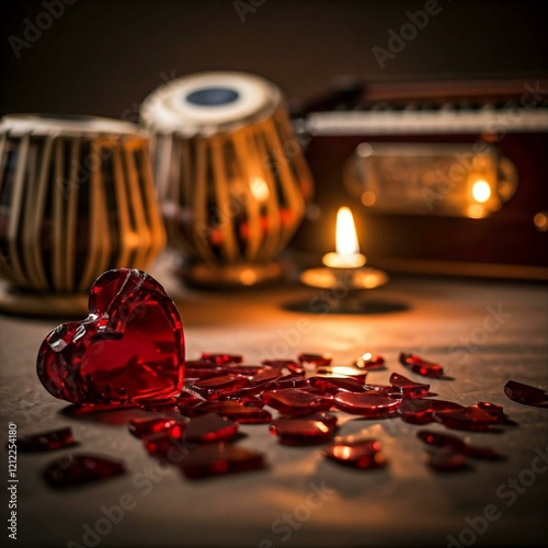 Broken red glass heart with Indian music instruments in background