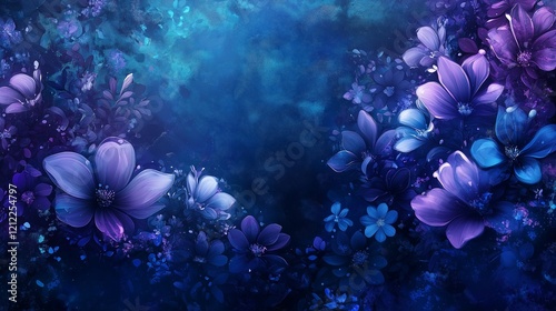 Dreamy Abstract Floral Background in Vibrant Shades of Blue and Purple with Artistic Textures. Ethereal Watercolor-Inspired Blossoms in a Mystic Gradient of Indigo, Violet Hues for Decorative Designs