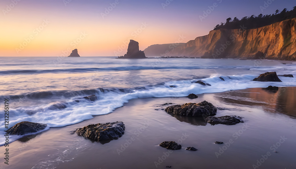 Coastal Cliffs at Sunset with Crashing Waves, Twilight Sky, and Seagulls in Flight Coastal Cliffs at Sunset with Crashing Waves, Twilight Sky, and Seagulls in Flight