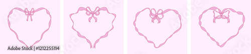 Set of doodle heart pink frames with bows and ribbons. Hand-drawn vintage coquette borders