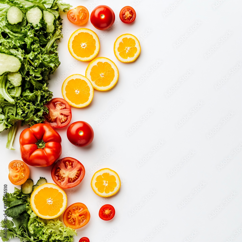 Fresh Vegetables and Citrus Fruits Arranged on White Background with Free Space, top view Fresh Vegetables and Citrus Fruits Arranged on White Background with Free Space, top view