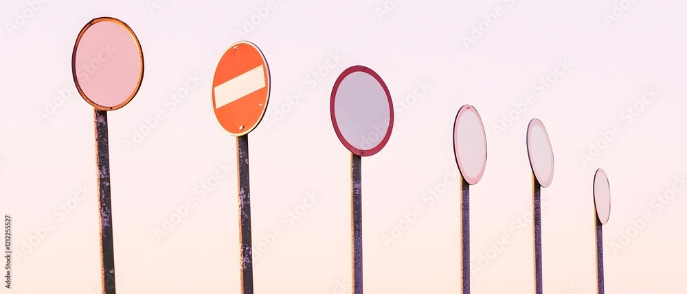 A row of traffic signs with a red and white circle and a black and white circle A row of traffic signs with a red and white circle and a black and white circle