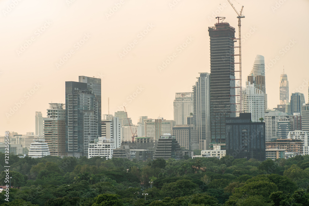 Obraz premium Downtown city office building with car transport park PM 2.5 smoke air pollution