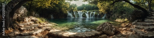 Emerald lakes of Plitvice, cascading waterfalls, lush forests, serene natural beauty, Croatia's enchanting landscape