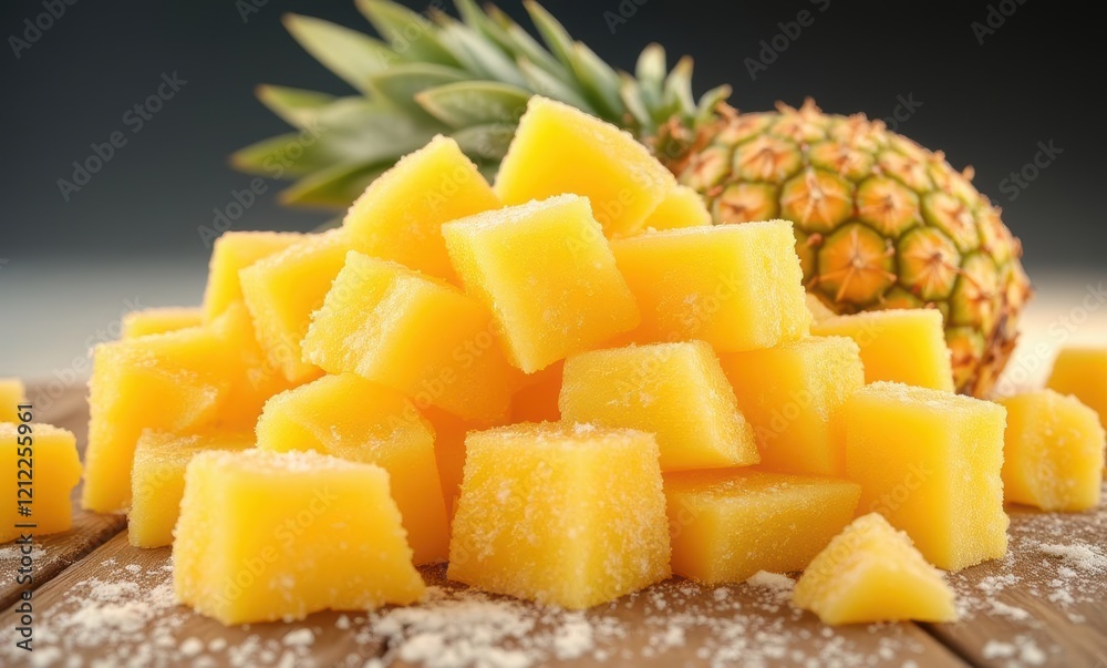 Fresh pineapple chunks on wooden table Fresh pineapple chunks on wooden table