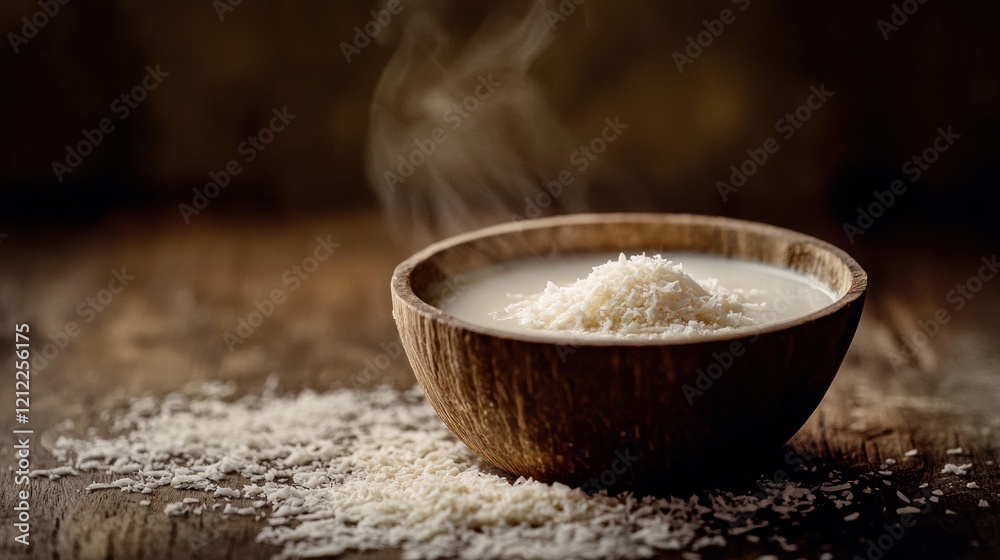 Fototapeta premium A bowl of creamy coconut milk with grated coconut around it, styled on a natural wooden surface with warm, earthy lighting