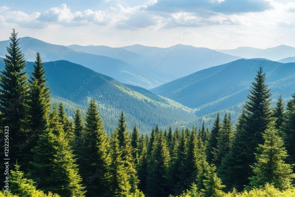 Majestic mountain range, evergreen forest, scenic view, summer sunlight, travel brochure Majestic mountain range, evergreen forest, scenic view, summer sunlight, travel brochure