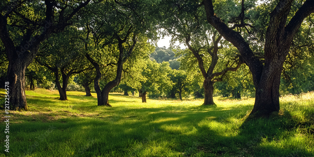 Naklejka premium Deep Forest Glade Surrounded by Ancient Oaks