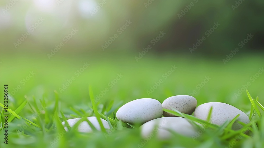 Serene stillness: Four smooth, pale pebbles nestled gently in vibrant green grass, bathed in soft sunlight. A tranquil, minimalist scene. Serene stillness: Four smooth, pale pebbles nestled gently in vibrant green grass, bathed in soft sunlight. A tranquil, minimalist scene.