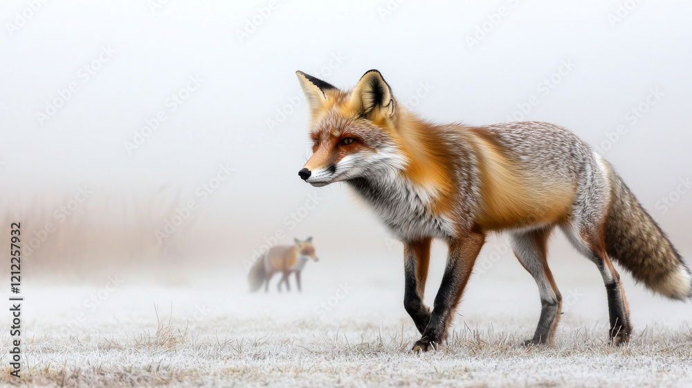 Fog in Nature Themed, fox walking through foggy field of snow, showcasing its beautiful fur Fog in Nature Themed, fox walking through foggy field of snow, showcasing its beautiful fur