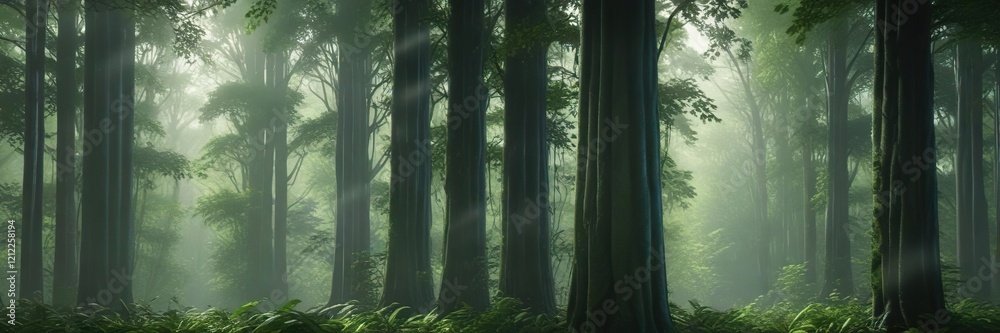 Lush green forest with wavy curtains of rain falling, nature, forest floor, tranquil, foliage Lush green forest with wavy curtains of rain falling, nature, forest floor, tranquil, foliage