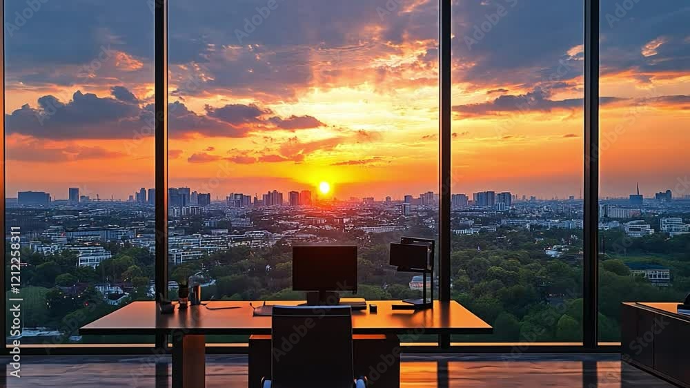 Sunset Cityscape from Office Window:  A breathtaking sunset paints the sky in vibrant hues, casting a golden glow over a bustling city skyline as viewed from a modern office.