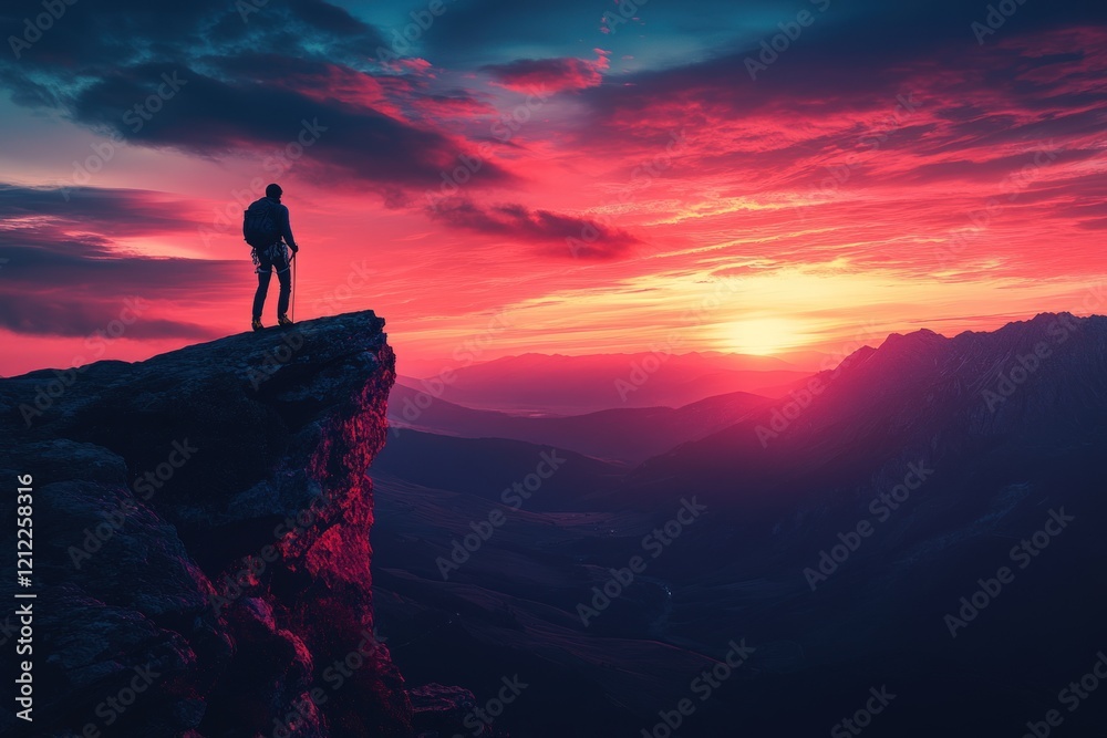 Fototapeta premium Man watches sunrise over mountains