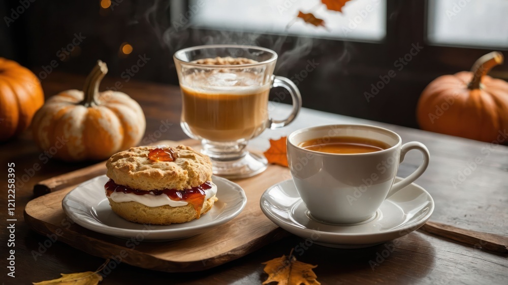 A cozy autumn scene featuring a warm drink, dessert, and decorative pumpkins. A cozy autumn scene featuring a warm drink, dessert, and decorative pumpkins.