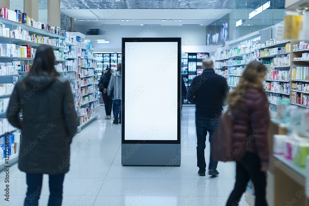 Fototapeta premium Vertical Blank Digital Billboard in an Elegant Pharmacy with Customer Interaction