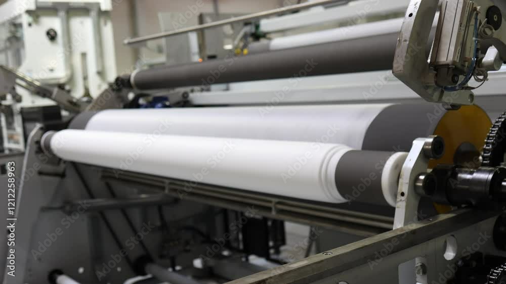 Industrial paper production machine in operation with rolls of paper, automated processes in manufacturing environment concept Industrial paper production machine in operation with rolls of paper, automated processes in manufacturing environment concept