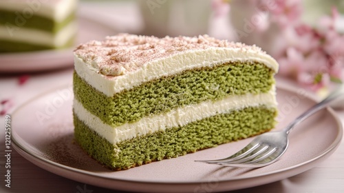 Matcha cake slice, creamy frosting, pink plate, spring flowers background. Food photography photo