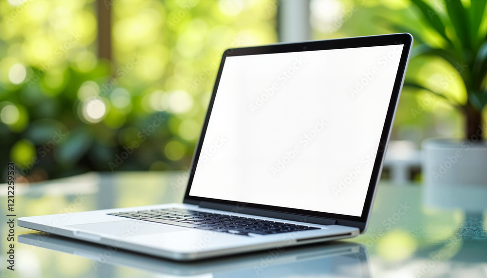 Modern laptop displaying blank screen on glass table, digital workspace Modern laptop displaying blank screen on glass table, digital workspace