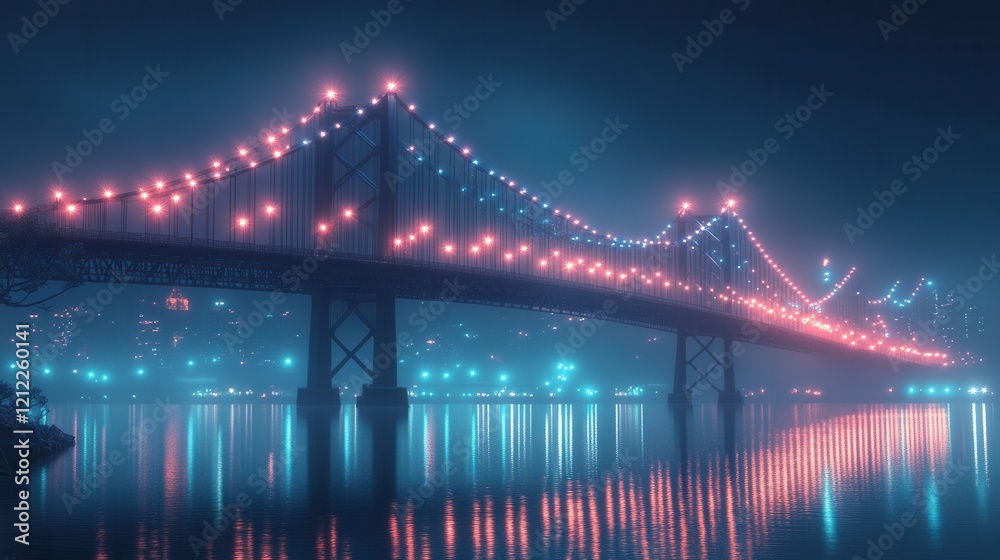 Fototapeta premium Illuminated Minimalist Bridge at Night, a low poly design showcasing a bridge adorned with lights against a dark backdrop, serene and modern ambiance