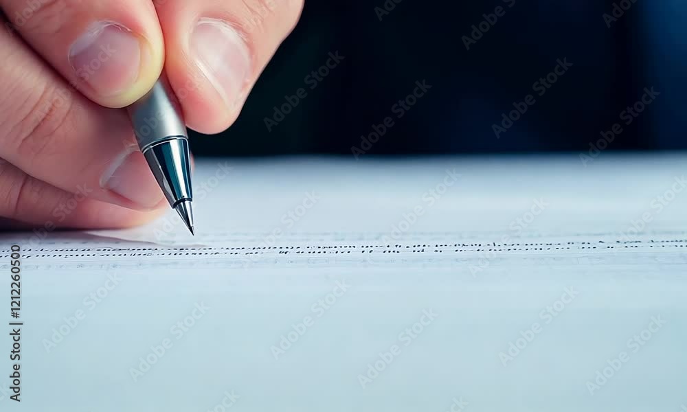 A close-up of a hand holding a pen, writing on a blank sheet of paper, conveying focus and creativity in a professional setting.