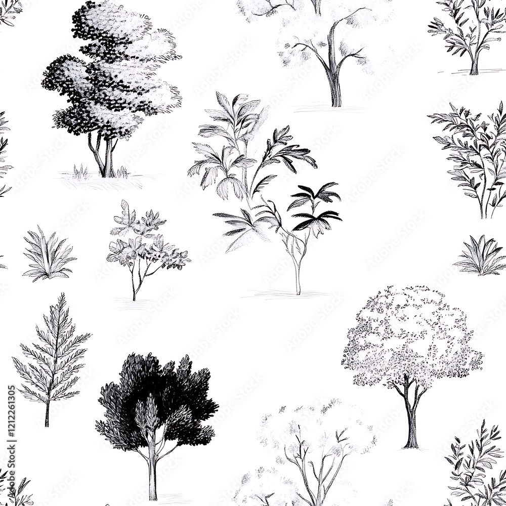 Fototapeta premium A whimsical collection of hand-drawn trees and plants creating a charming nature pattern