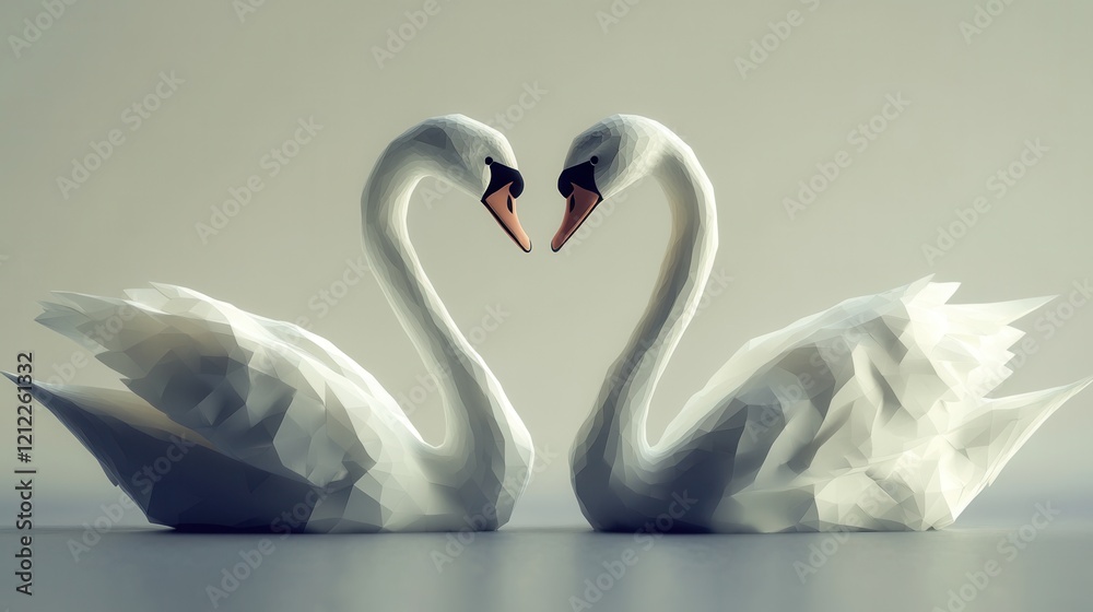 Fototapeta premium Minimalist swan heart formation, elegant low poly design, graceful curves, symbolizing love and unity, serene and harmonious composition