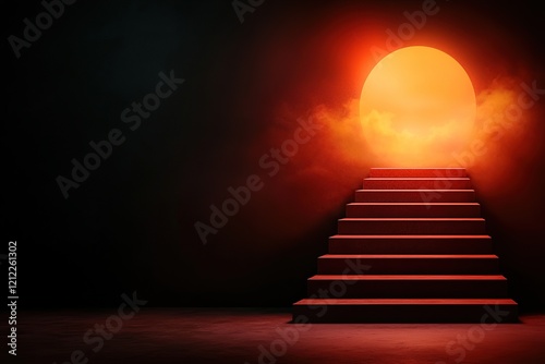 goal of life concept A staircase leads to a glowing sun surrounded by mist  creating a mystical and inviting atmosphere.