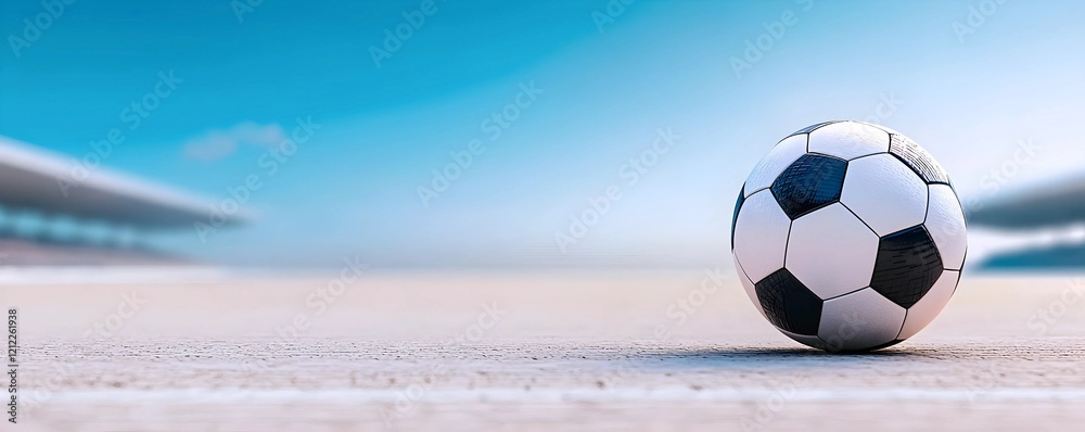 Naklejka premium A solitary soccer ball rests on a field, a blurred stadium under a vibrant blue sky; anticipation hangs heavy in the air, promising a thrilling match.
