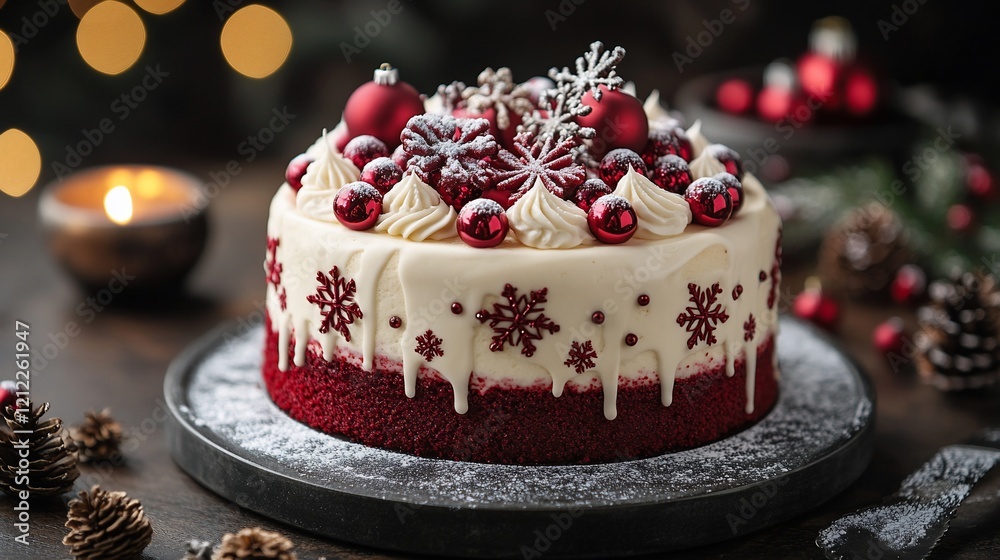 Festive red velvet cake with cream cheese frosting, decorated with snowflakes, ornaments, and powdered sugar. Festive red velvet cake with cream cheese frosting, decorated with snowflakes, ornaments, and powdered sugar.