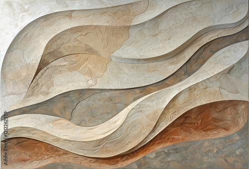 Abstract art created by undulating wavy lines of cement in a tone on tone neutral color palette.
