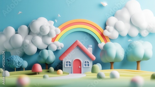 Minimalist Rainbow Over House, a low poly design showcasing vibrant colors arching above a quaint home, evoking a sense of tranquility and simplicity