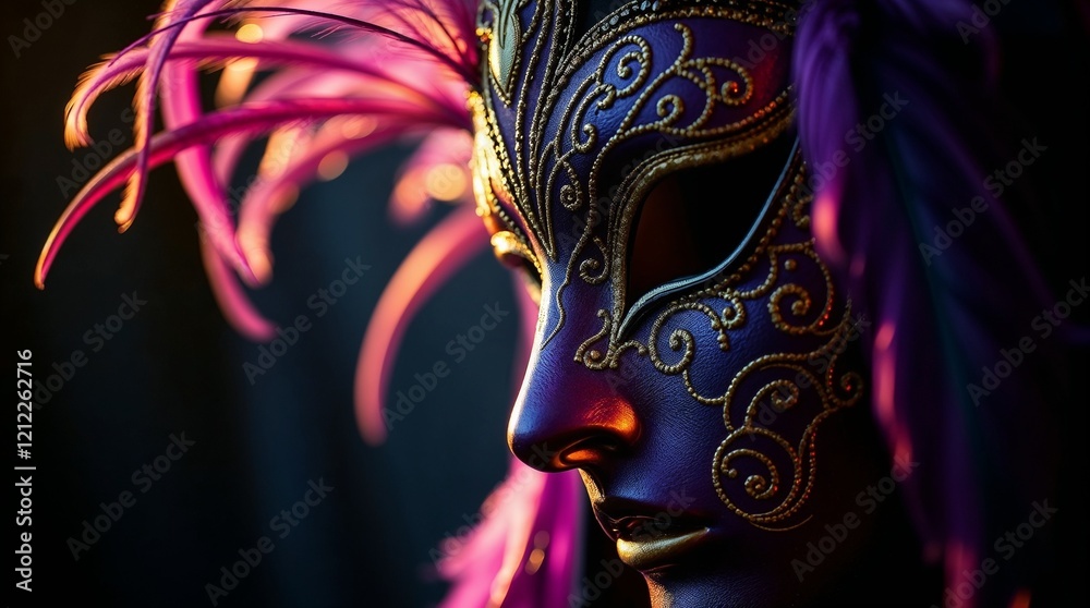 Naklejka premium Purple Feathered Carnival Mask with Intricate Silver Design for Mardi Gras Festivities