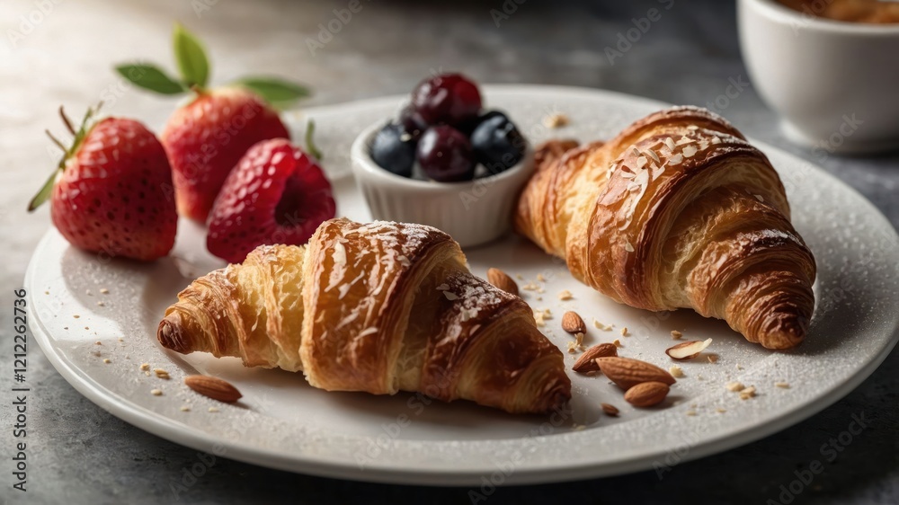 A plate featuring croissants, strawberries, and a bowl of mixed berries, perfect for breakfast. A plate featuring croissants, strawberries, and a bowl of mixed berries, perfect for breakfast.