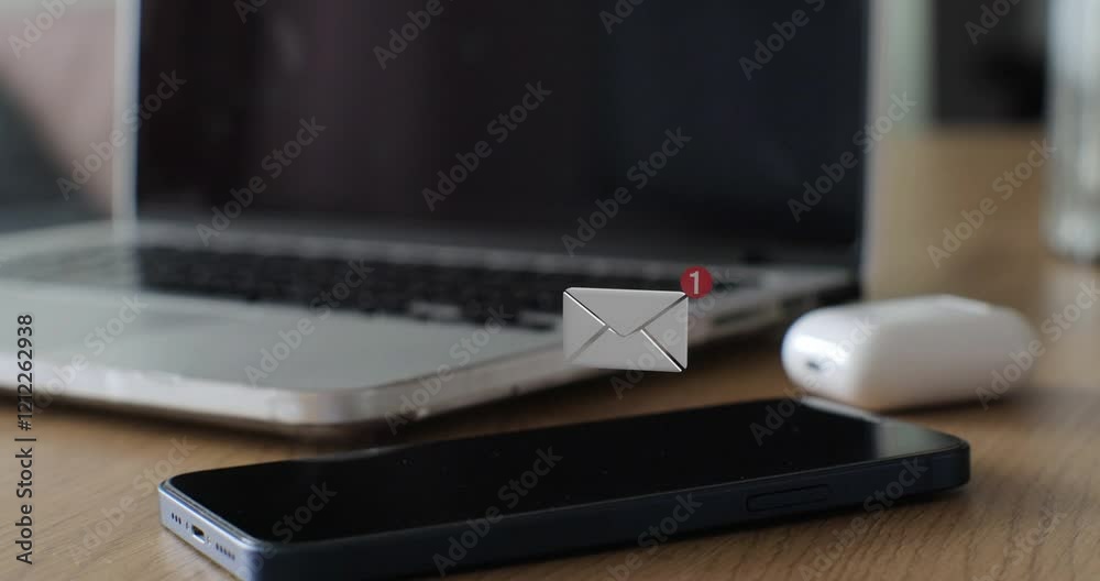 Smartphone mobile receives 3D mail icon notification on the screen message animation on smartphone display. 3d graphic animation,social media network.
