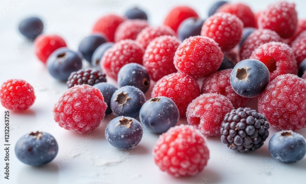 Assorted frozen berries on a light surface Assorted frozen berries on a light surface