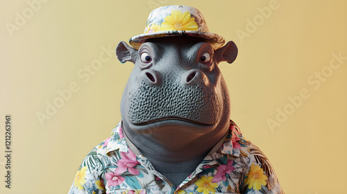 Hippopotamus wearing summer floral shirt, yellow background, summer travel concept. photo