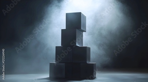 Mysterious dark cubes stacked in a hazy, dramatic light. An enigmatic scene, full of suspense and untold stories.  The composition is visually striking and thought-provoking.