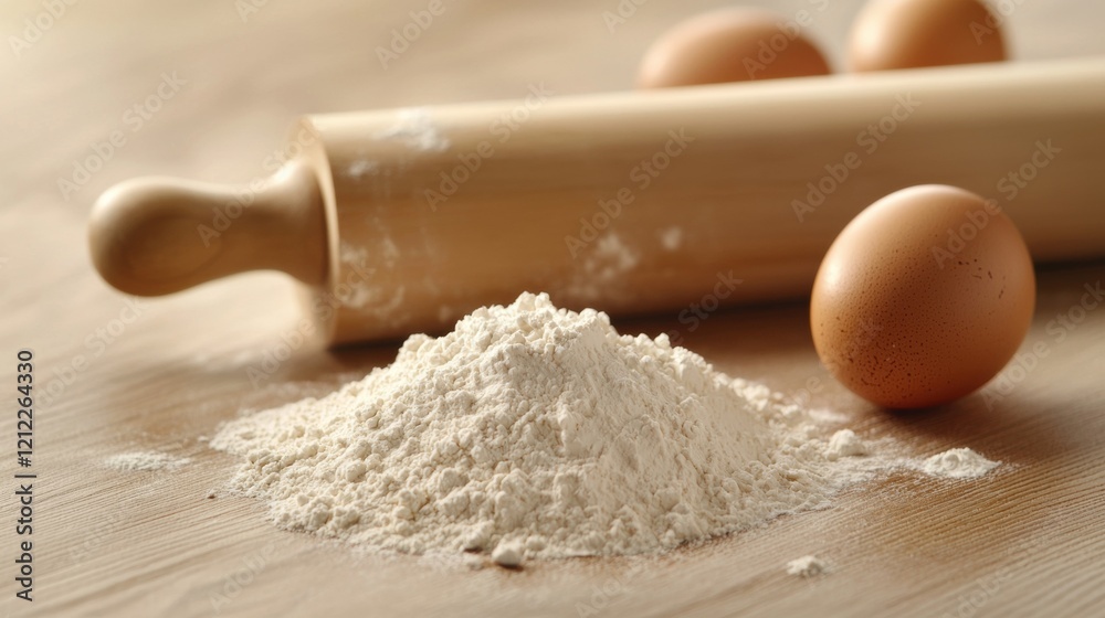 Baking essentials: flour and eggs on a wooden surface Baking essentials: flour and eggs on a wooden surface