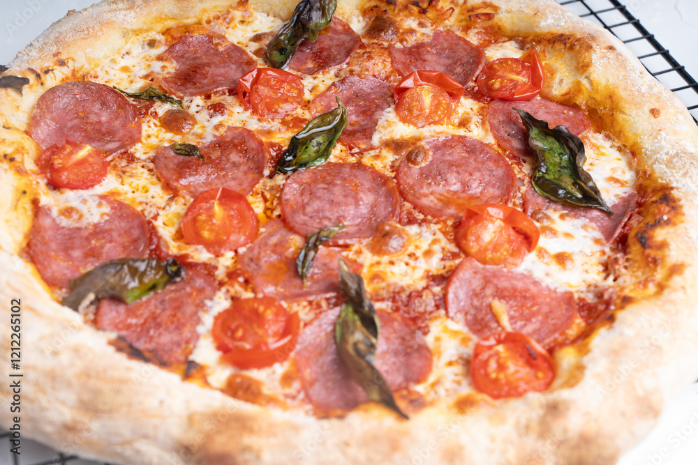 Pepperoni pizza with sausage, tomatoes, basil and cheese, with a large toasted rim on a baking dish. Pepperoni pizza with sausage, tomatoes, basil and cheese, with a large toasted rim on a baking dish.