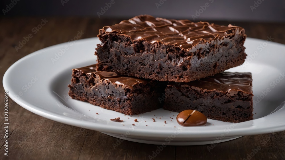 A plate of rich, fudgy brownies with a glossy top, showcasing a delicious dessert. A plate of rich, fudgy brownies with a glossy top, showcasing a delicious dessert.