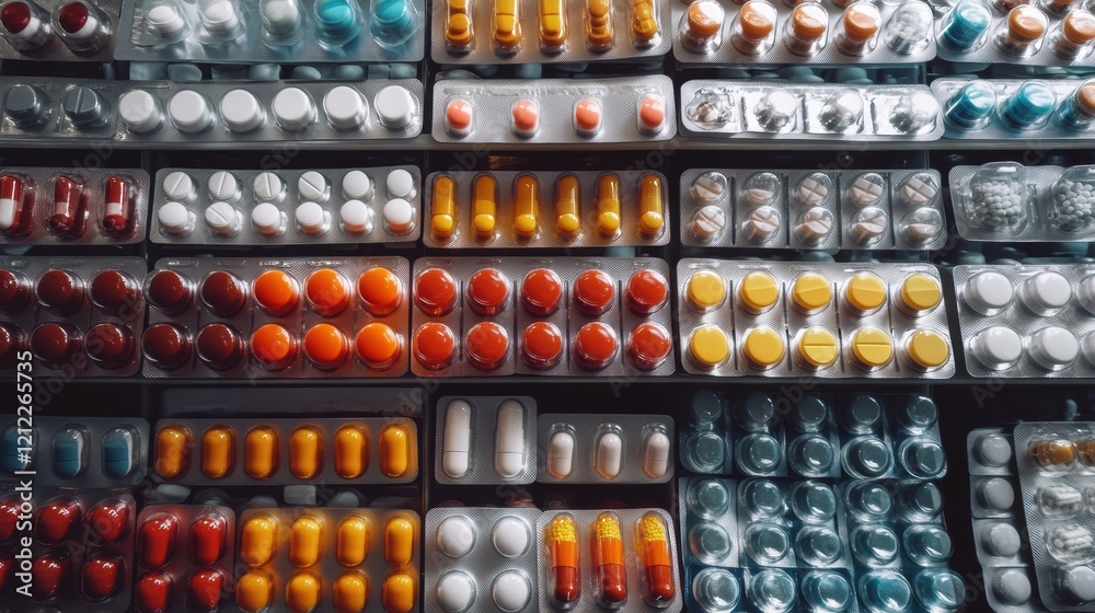 A collection of prescription drugs arranged in organized blister packs, displayed on pharmacy shelves with clear and professional labeling A collection of prescription drugs arranged in organized blister packs, displayed on pharmacy shelves with clear and professional labeling