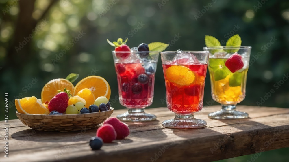Refreshing summer drinks with fruits on a wooden table in a garden setting. Refreshing summer drinks with fruits on a wooden table in a garden setting.