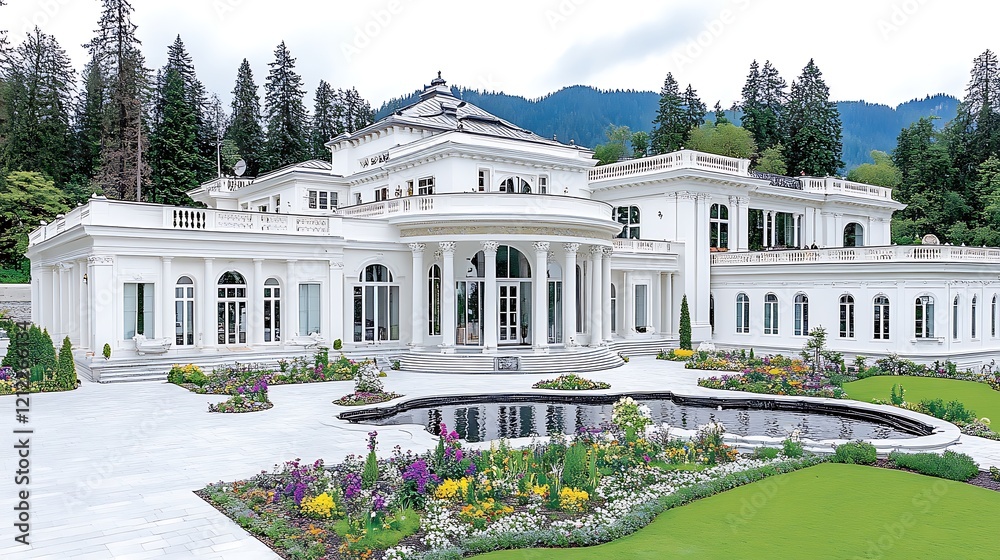 Obraz premium Grand White Mansion Mountain View Luxury Home Estate Garden Flowers