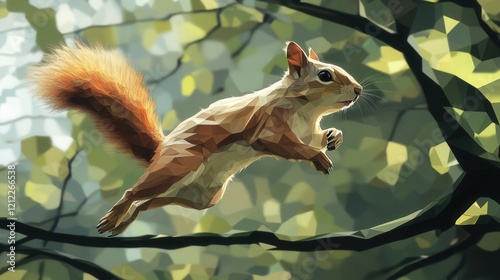 Minimalist Squirrel Leap, a low poly depiction of a squirrel in mid-jump between tree branches, capturing playful energy and simplicity. photo