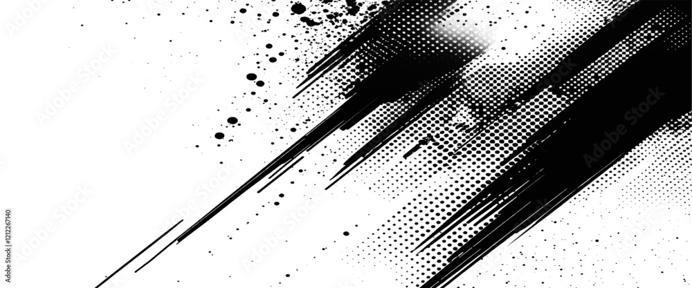 Black Ink splatter brush stroke on white halftone dots abstract background