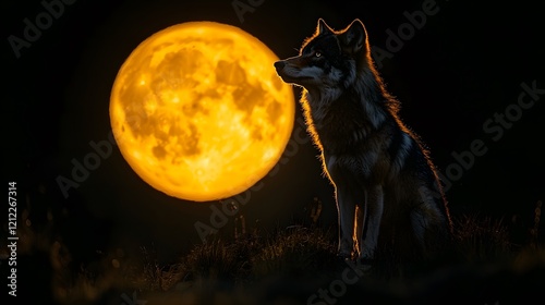 Majestic Wolf Silhouette Against a Full Moon with a Glowing Yellow Hue, Capturing the Beauty of Nature and Wildlife in a Serene Night Setting photo