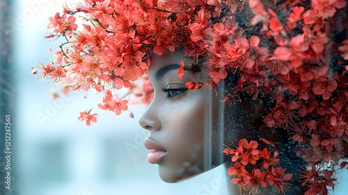 Profile of a Black Woman Gorgeous Floral Hair Arrangement with Vibrant Red Flowers Captivating Beauty and Grace in a Dreamy Atmospheric Setting