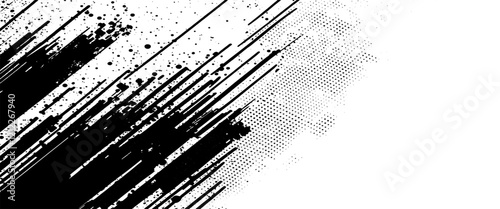 Black Ink splatter brush stroke on white halftone dots abstract background